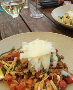 Prawn pasta and Semillon